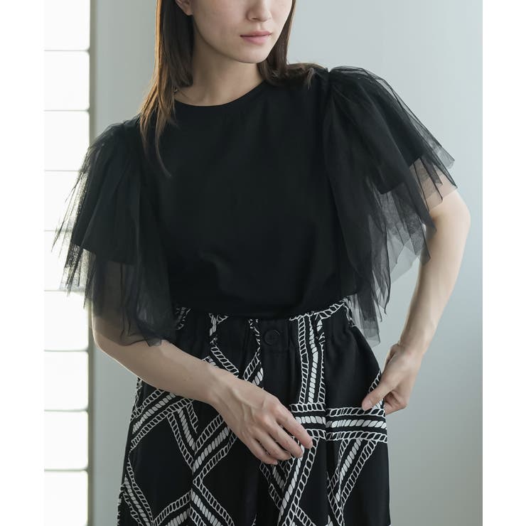 ブラック | 袖ティアードチュールTシャツ レディース 半袖 | mili an deni