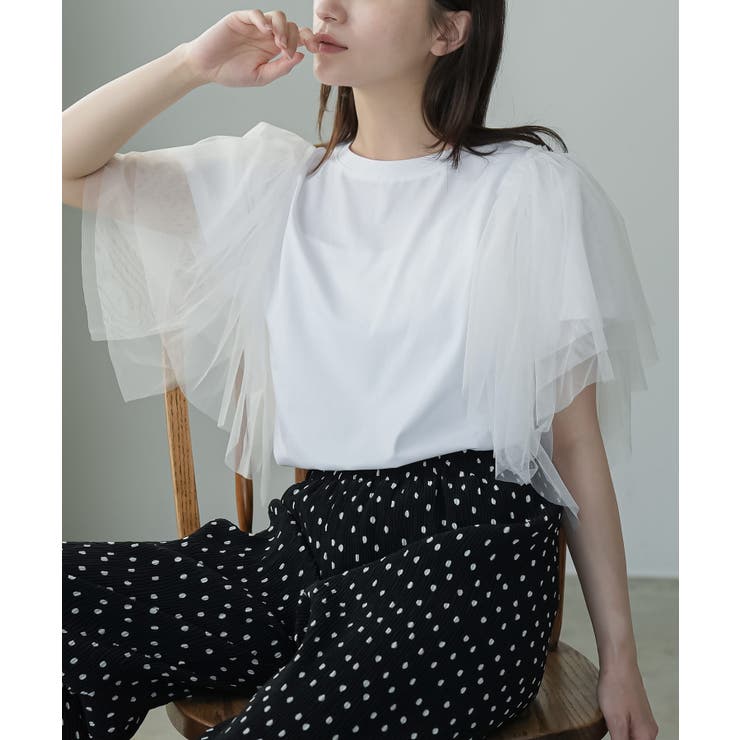 オフホワイト | 袖ティアードチュールTシャツ レディース 半袖 | mili an deni