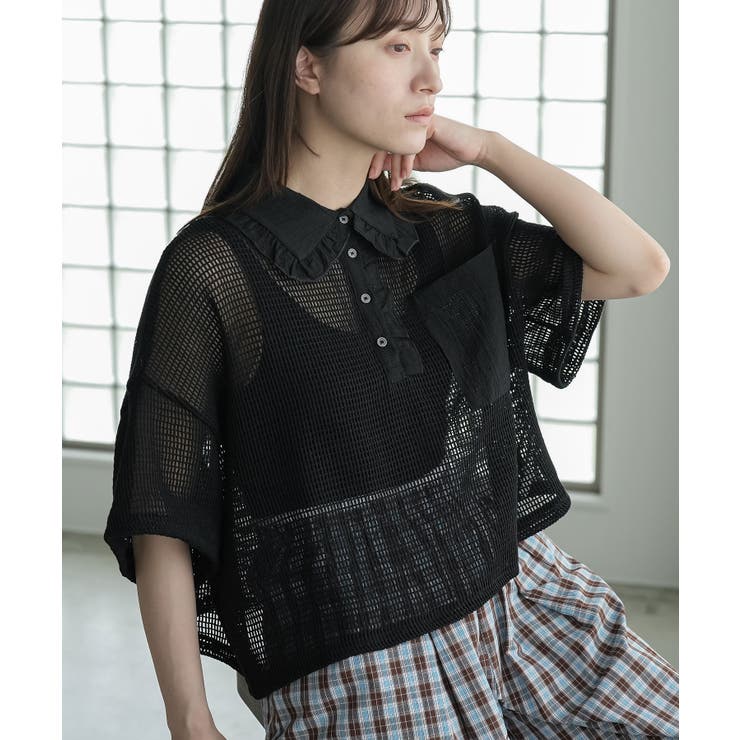 ブラック | 襟フリルメッシュポロプルオーバー レディース 半袖 | mili an deni