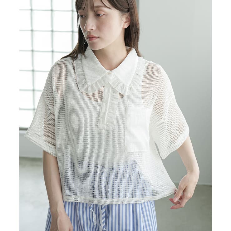アイボリー | 襟フリルメッシュポロプルオーバー レディース 半袖 | mili an deni
