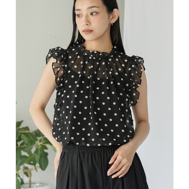 ブラック | ノースリーブドットシアーブラウス レディース ドット柄 | mili an deni