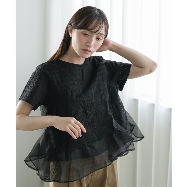 ブラック | 裾ティアードレーストップス レディース 半袖 | mili an deni