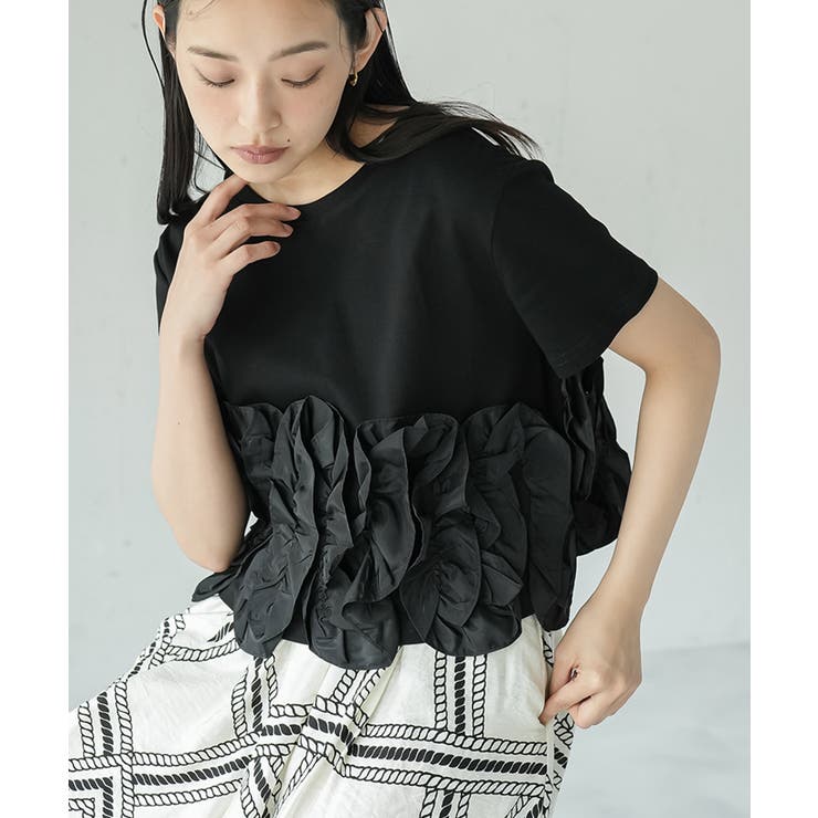 ブラック | 裾ウェーブフリルTシャツ レディース 半袖 | mili an deni
