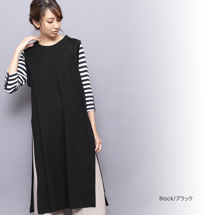 ブラック | ロングニットベスト ストレッチ起毛 サイドスリット | mili an deni
