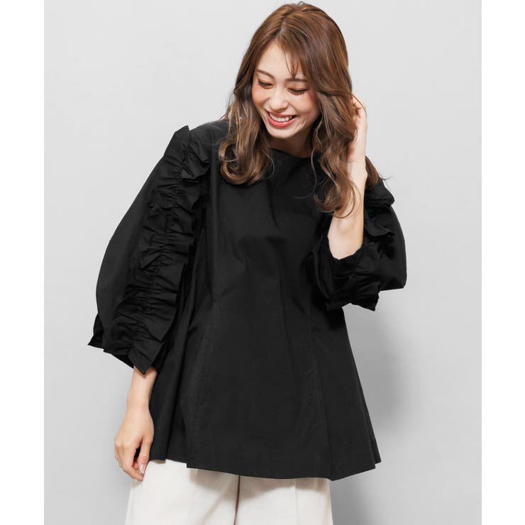 ブラック | 【ク綿100%コードフリルブラウス ボリューム袖 袖コンシャス | mili an deni