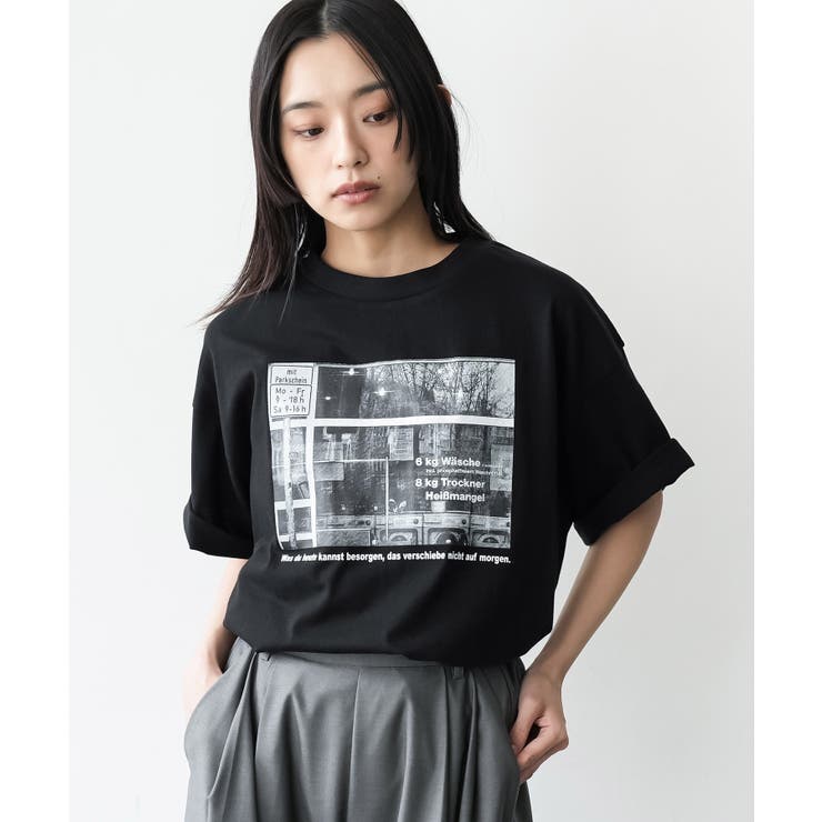 ブラック | 半袖シティスケープフォトプリントTシャツ プリント コットン | mili an deni