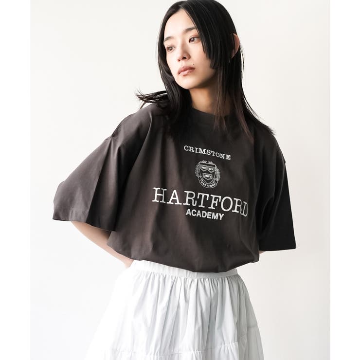 チャコール | 半袖カレッジプリントTシャツ プリント コットン | mili an deni
