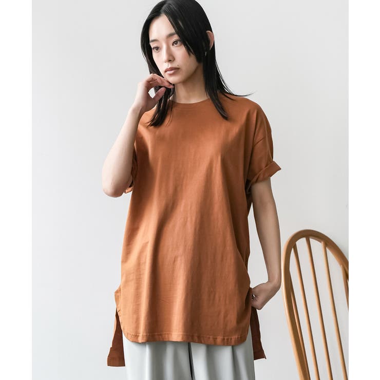 キャメル | サイドスリット裾ラウンドTシャツ クルーネック 半袖 | mili an deni