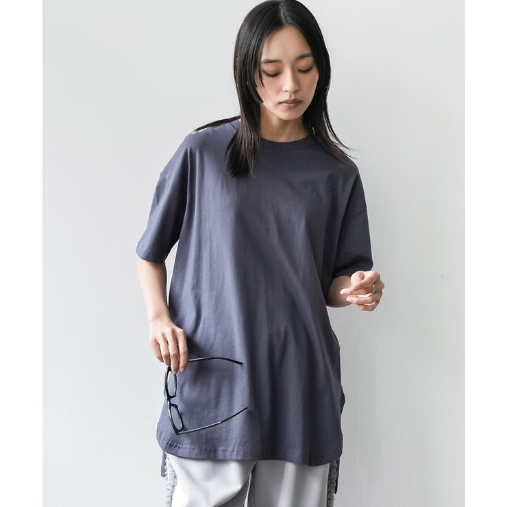 ネイビー | サイドスリット裾ラウンドTシャツ クルーネック 半袖 | mili an deni