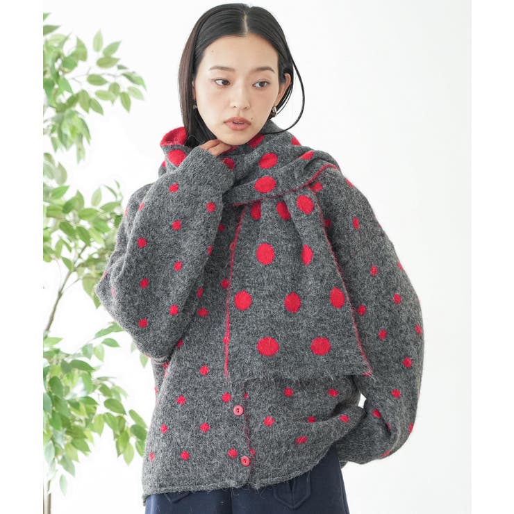 グレー | マフラー付きドットニットカーディガン トップス ニット素材 | mili an deni