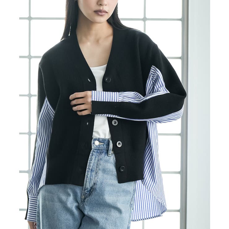 ブラック | Vネックニットカーディガン レディース レイヤード風 | mili an deni