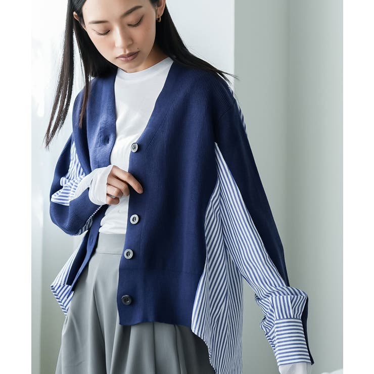 ネイビー | Vネックニットカーディガン レディース レイヤード風 | mili an deni
