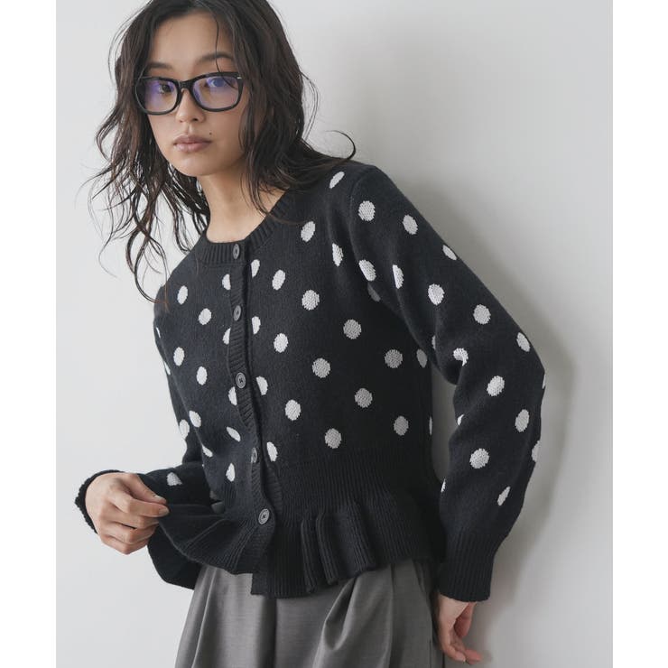 ブラック | ドットジャガードペプラムニットカーディガン レディース カーディガン | mili an deni