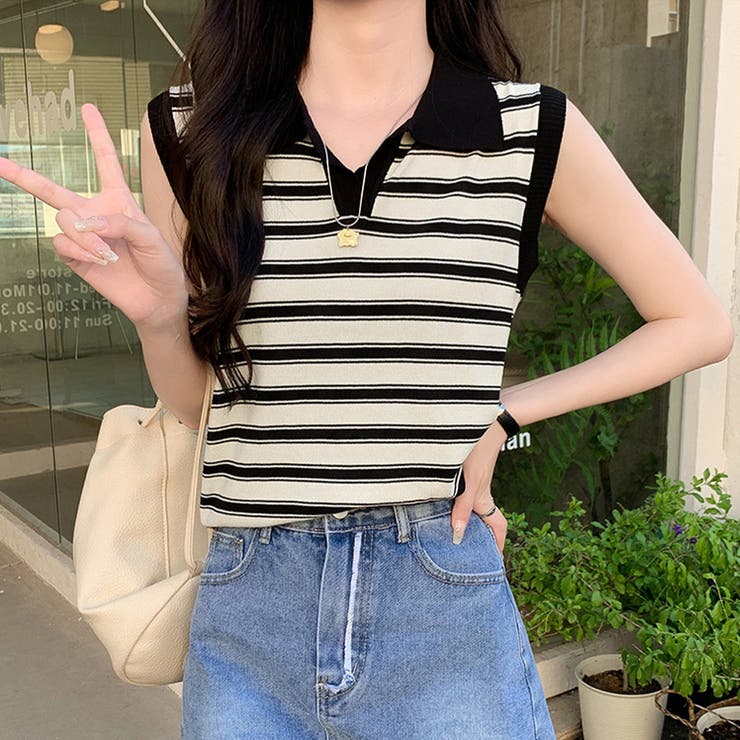 サマーニットトップス ノースリーブ 夏服[品番：AGCW0004539