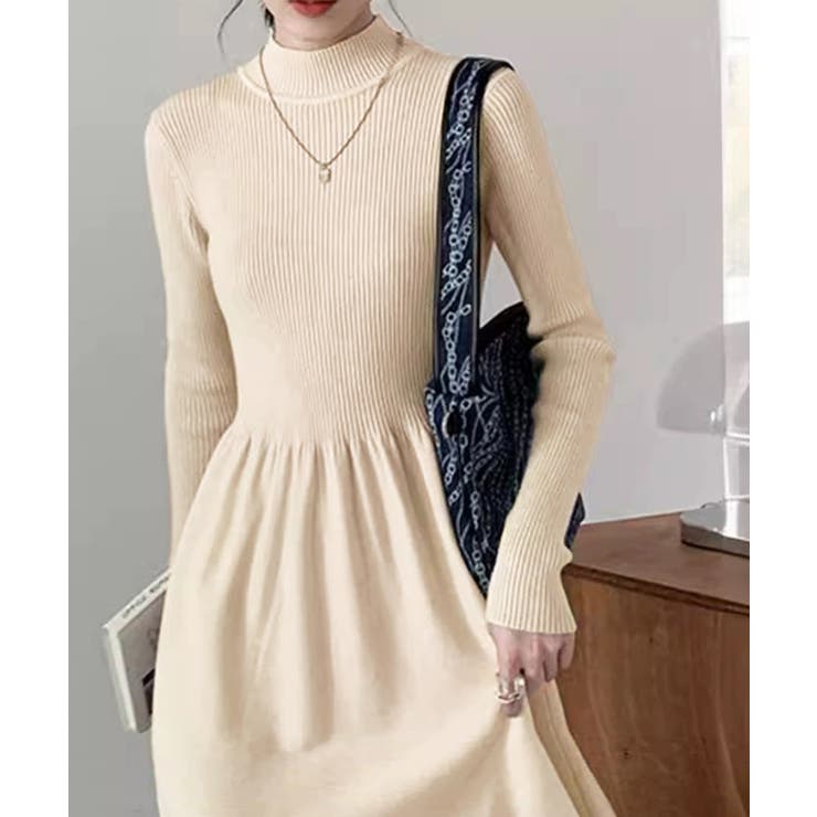 ベージュ | ミドル丈ニットワンピースハイネックワンピ | Miniministore