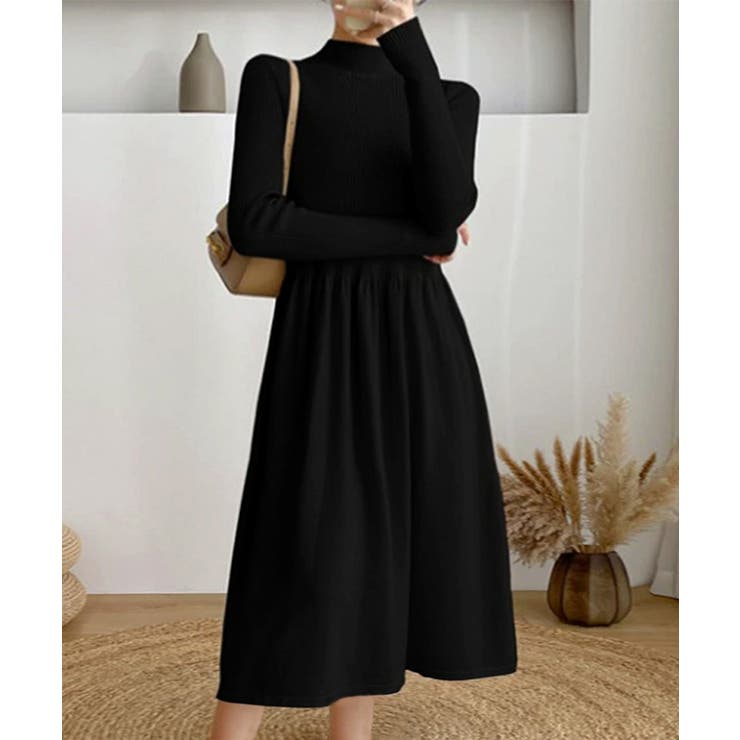 ブラック | ミドル丈ニットワンピースハイネックワンピ | Miniministore