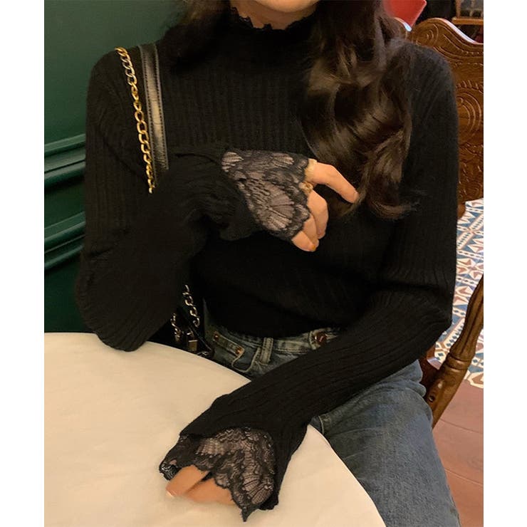 ブラック | フリルニットトップス プチハイネック無地 | Miniministore