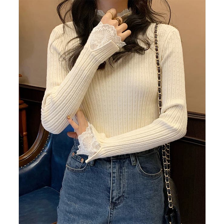 アイボリー | フリルニットトップス プチハイネック無地 | Miniministore