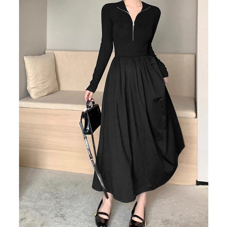 ブラック | ハーフジップロングワンピース 黒 韓国風 | Miniministore
