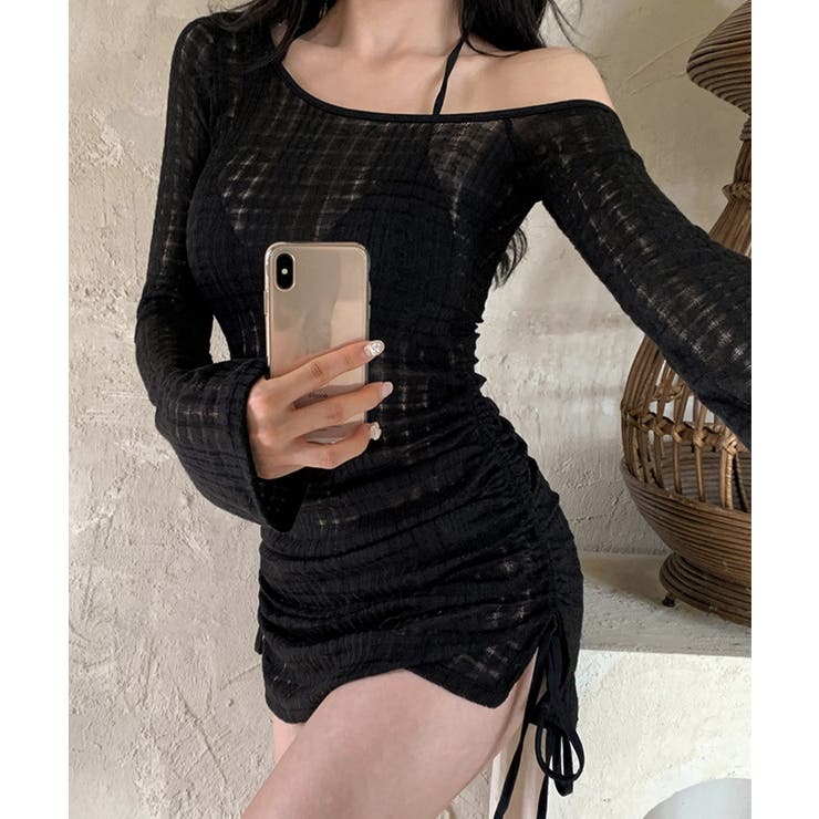 ブラック | ポコポコ素材ビキニセット ホルターネック水着 シャーリングカバーアップ | SUNSHINE CLOSET