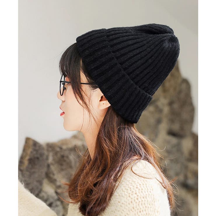 ブラック | リブニット帽秋冬 シンプルニットビーニー | SUNSHINE CLOSET