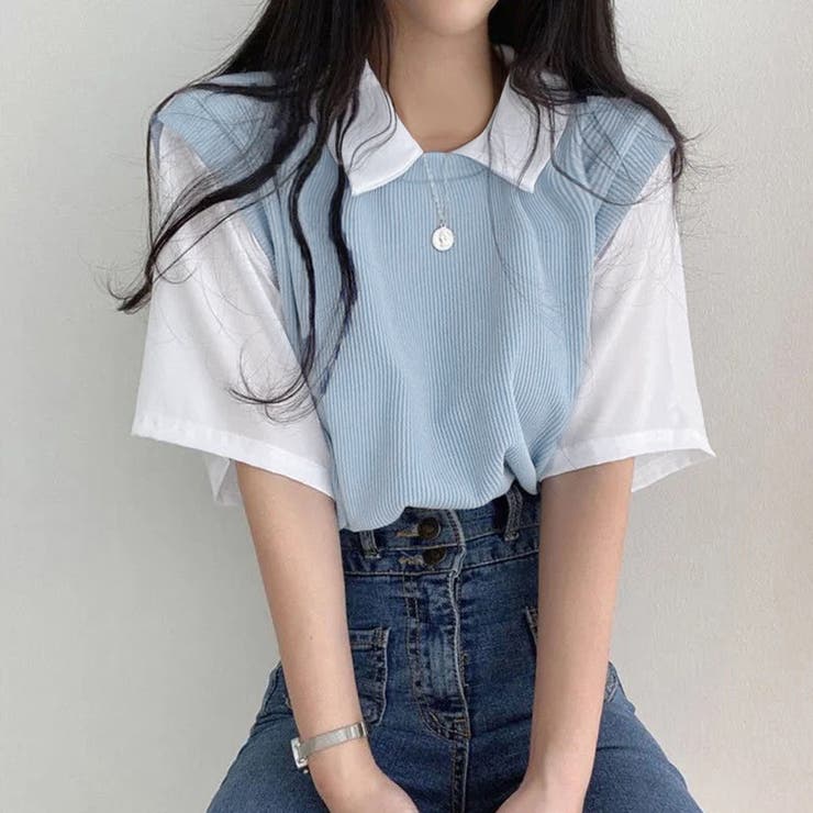 半袖ニットtシャツ レイヤード風Tシャツ[品番:II000010586 半袖ニットtシャツ レイヤード風Tシャツ[品番:II000010586