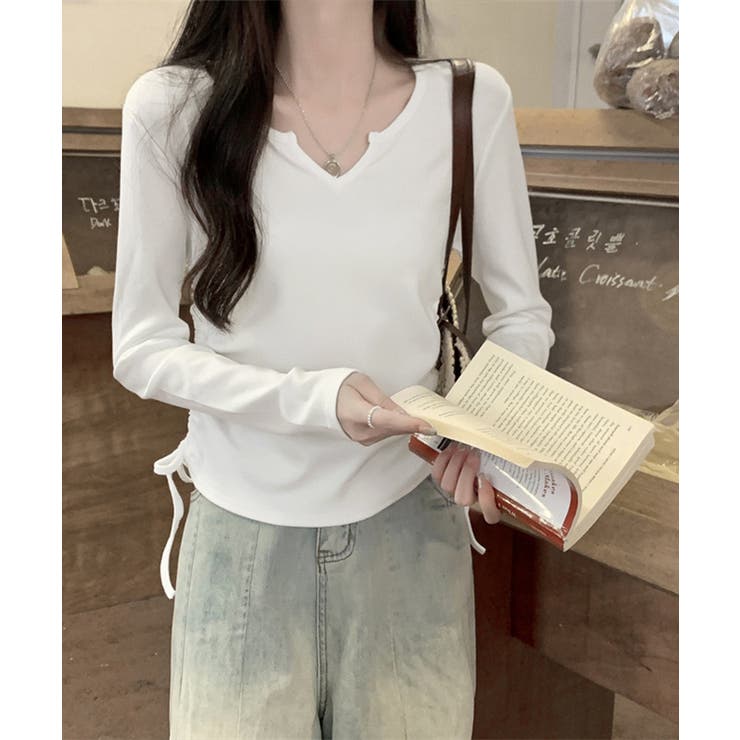 ホワイト | サイドドローストリングTシャツキーネック | Miniministore