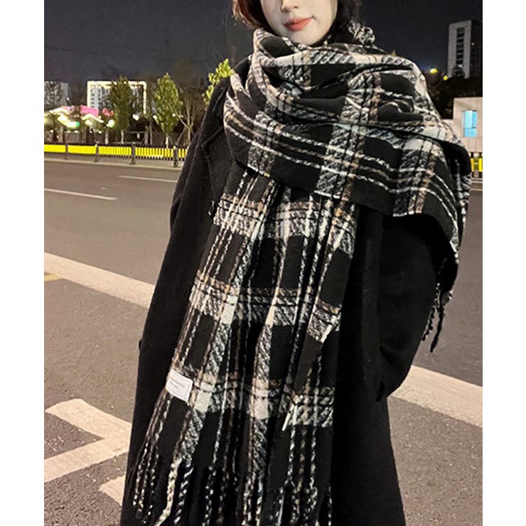 ＼半額SALE／ チェック柄ストール 大判フリンジマフラー[品番：AGCW0005953 小物