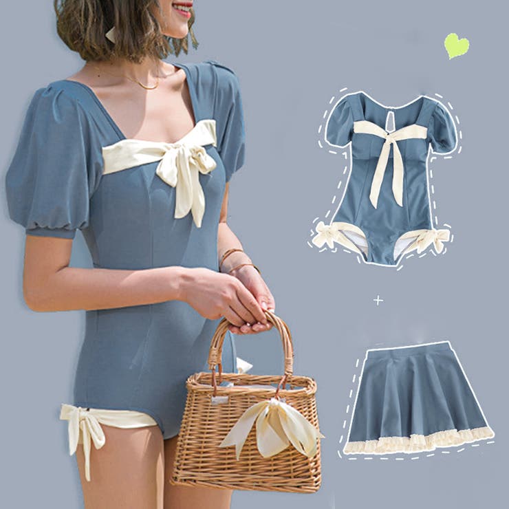 くすみブルー | 水着2点セット バックオープンワンピ水着 | Miniministore
