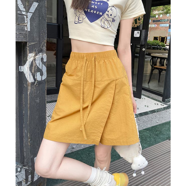 イエロー | スカート見えラップ風キュロットパンツ薄手 | Miniministore