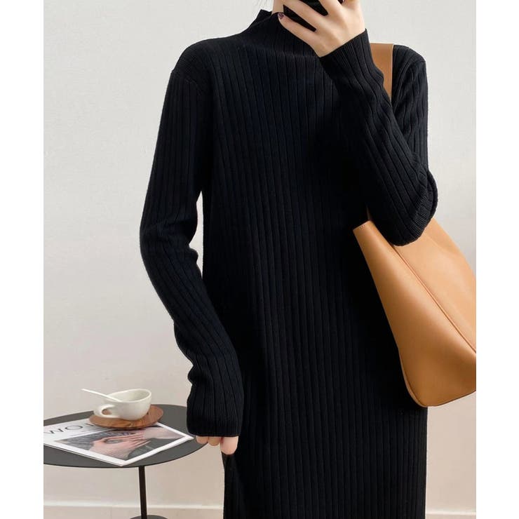 ブラック | 裾フリンジ付き リブニットワンピース秋冬 | Miniministore