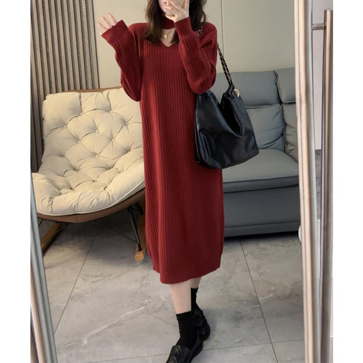ワインレッド | リブニットワンピース ロング丈 vネック | SUNSHINE CLOSET