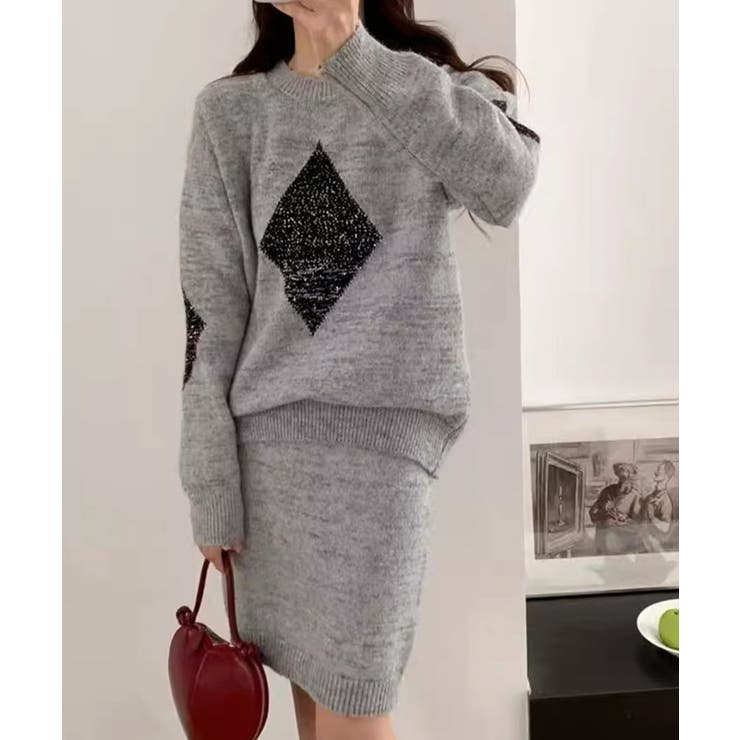 グレー | スパンコールニットセットアップ きれいめ | Miniministore