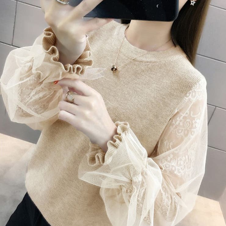 ベージュ | チュール袖ニットトップス レディース韓国 | Miniministore