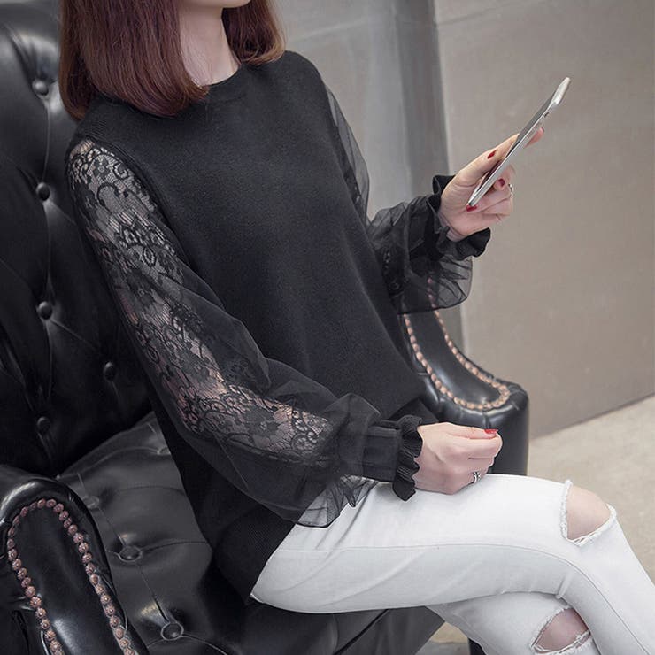 ブラック | チュール袖ニットトップス レディース韓国 | Miniministore