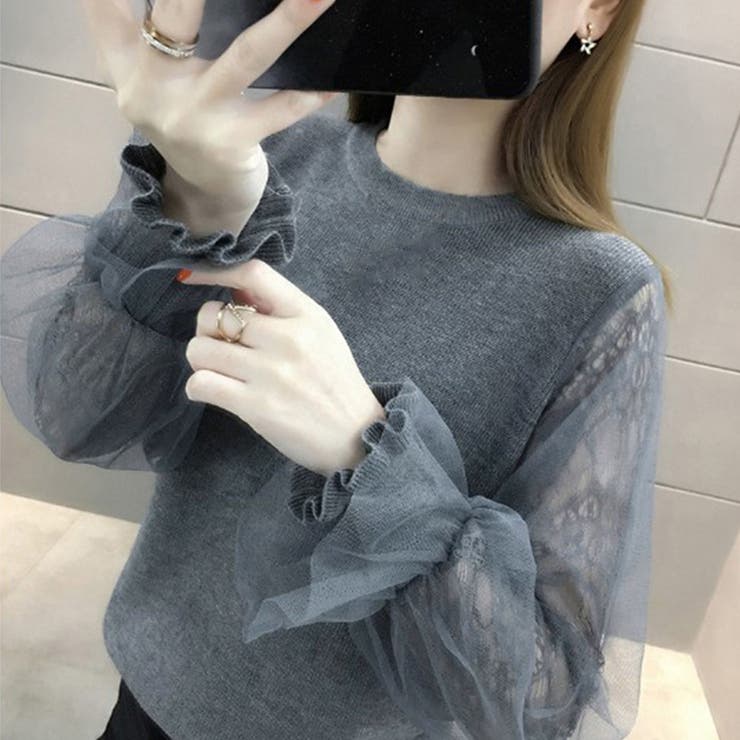 グレー | チュール袖ニットトップス レディース韓国 | Miniministore