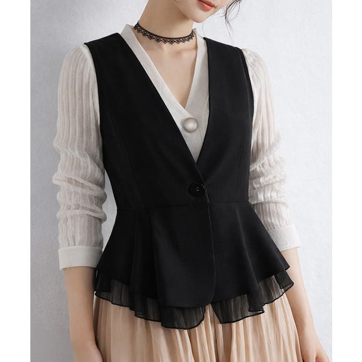 ブラック | Vネックペプラムジレベスト シフォン切替 | Miniministore