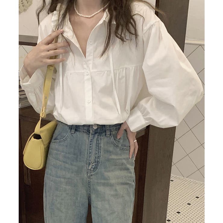 ホワイト | フリル衿ブラウス 長袖タックシャツ韓国風 | Miniministore