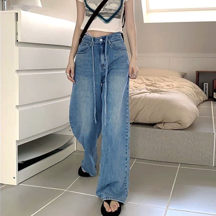 サックス | ウォッシュドデニムパンツ レディース韓国 | Miniministore