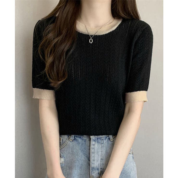 ブラック | 透かし編み 半袖サマーニット レディース | Miniministore