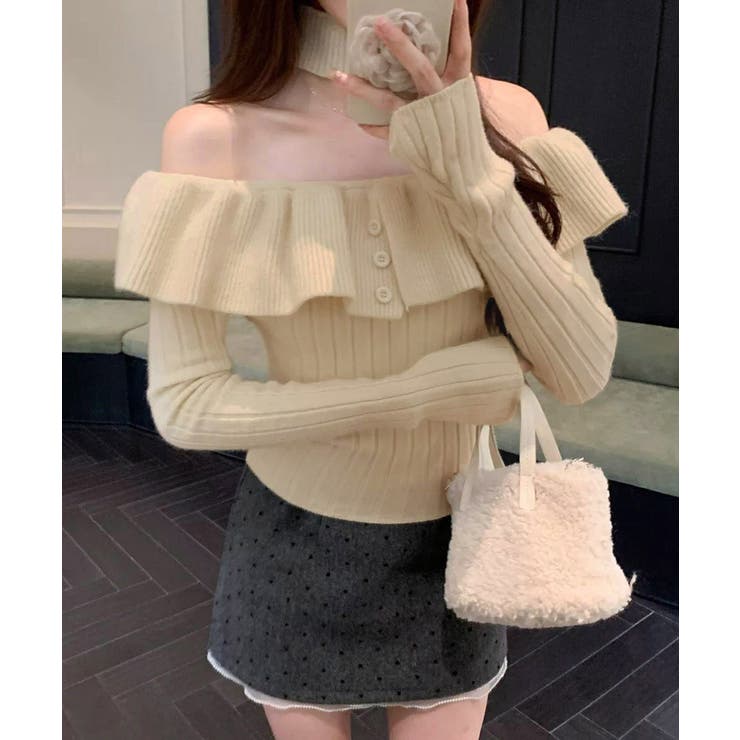 ライトベージュ | チョーカーネックニットトップスオフショル | Miniministore