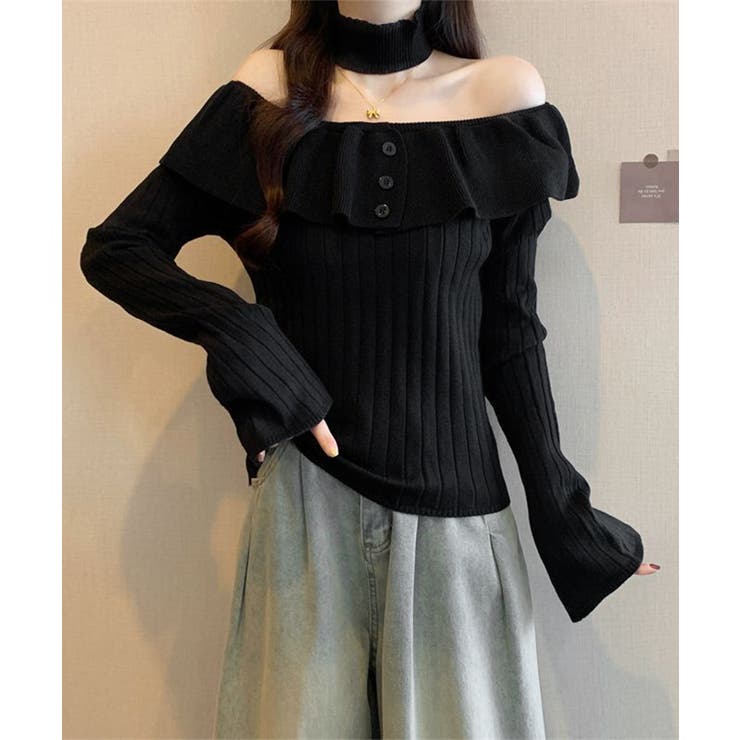 ブラック | チョーカーネックニットトップスオフショル | Miniministore
