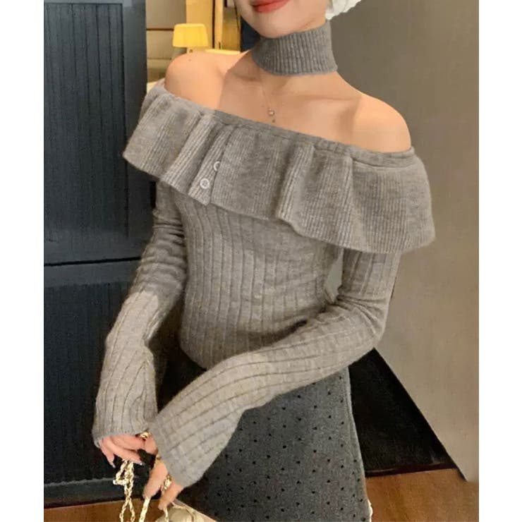 グレー | チョーカーネックニットトップスオフショル | Miniministore