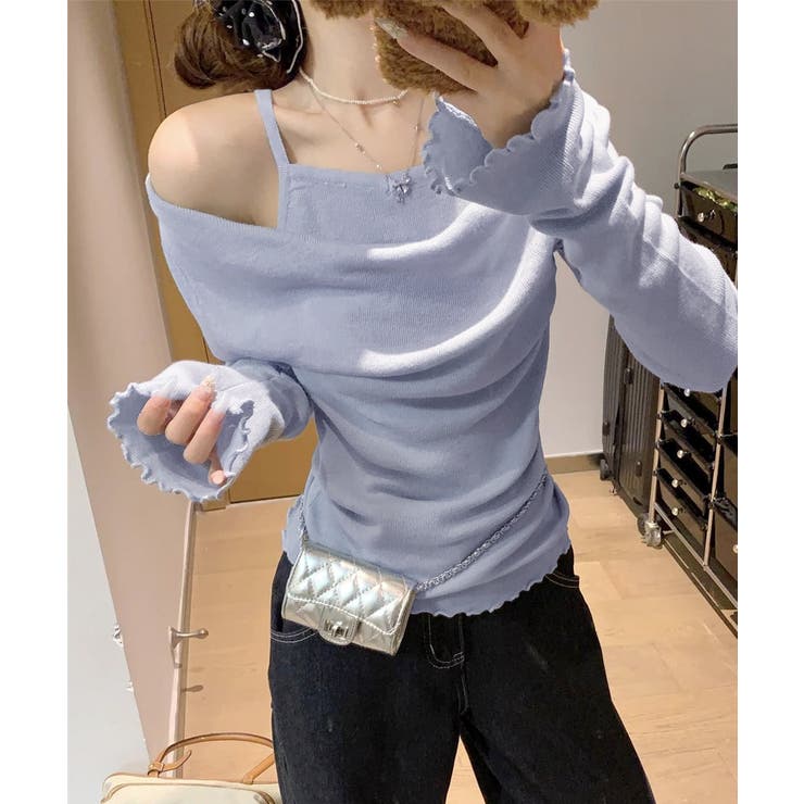 ライトブルー | キャミレイヤード風オフショルトップス長袖 | Miniministore
