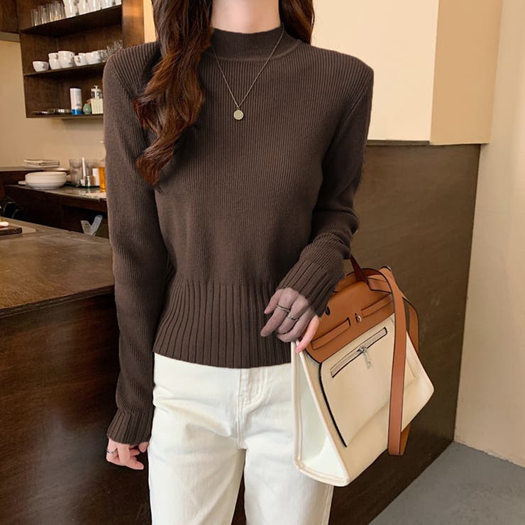 ダークブラウン | ニットトップス プチハイネック 無地 | Miniministore
