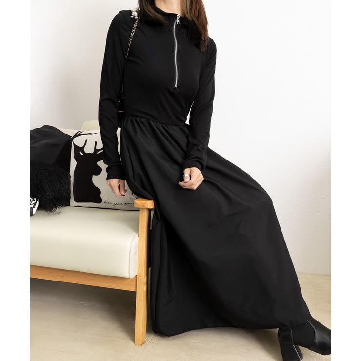 ハーフジップロングワンピース 黒 韓国風 | Miniministore | 詳細画像17 