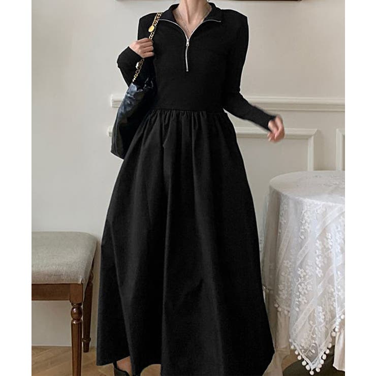 ハーフジップロングワンピース 黒 韓国風 | Miniministore | 詳細画像2 