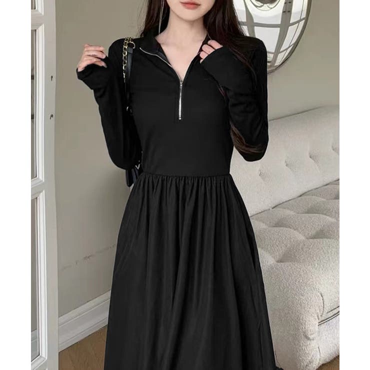 ハーフジップロングワンピース 黒 韓国風 | Miniministore | 詳細画像3 