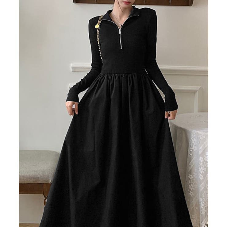 ハーフジップロングワンピース 黒 韓国風 | Miniministore | 詳細画像4 