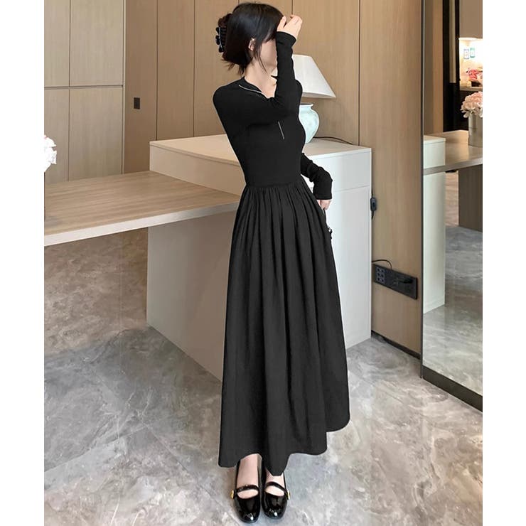 ハーフジップロングワンピース 黒 韓国風 | Miniministore | 詳細画像5 